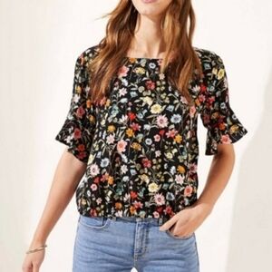 Loft Floral Blouse Lily Bubble Hem Top Black Boho Office Classic Women's Medium